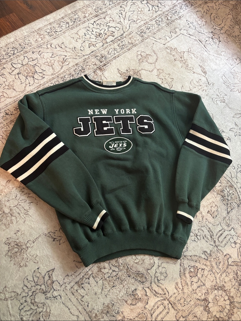 Lee New York Jets Dark Green Crewneck Sweatshirt with Black & White Stripes
